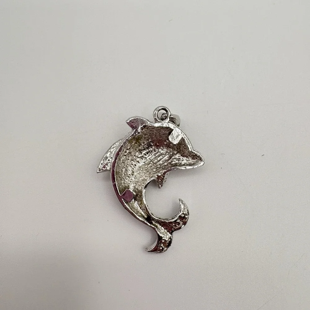 Vintage‎ Dolphin Pendant Silver Tone With Black And Clear Rhinestones